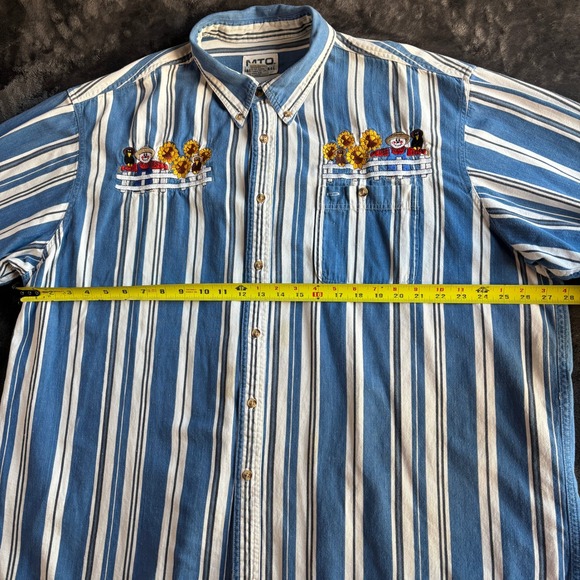 Womens Striped Embroidered Scarecrow Sunflowers Button Up Shirt Blue White Large - Picture 10 of 12